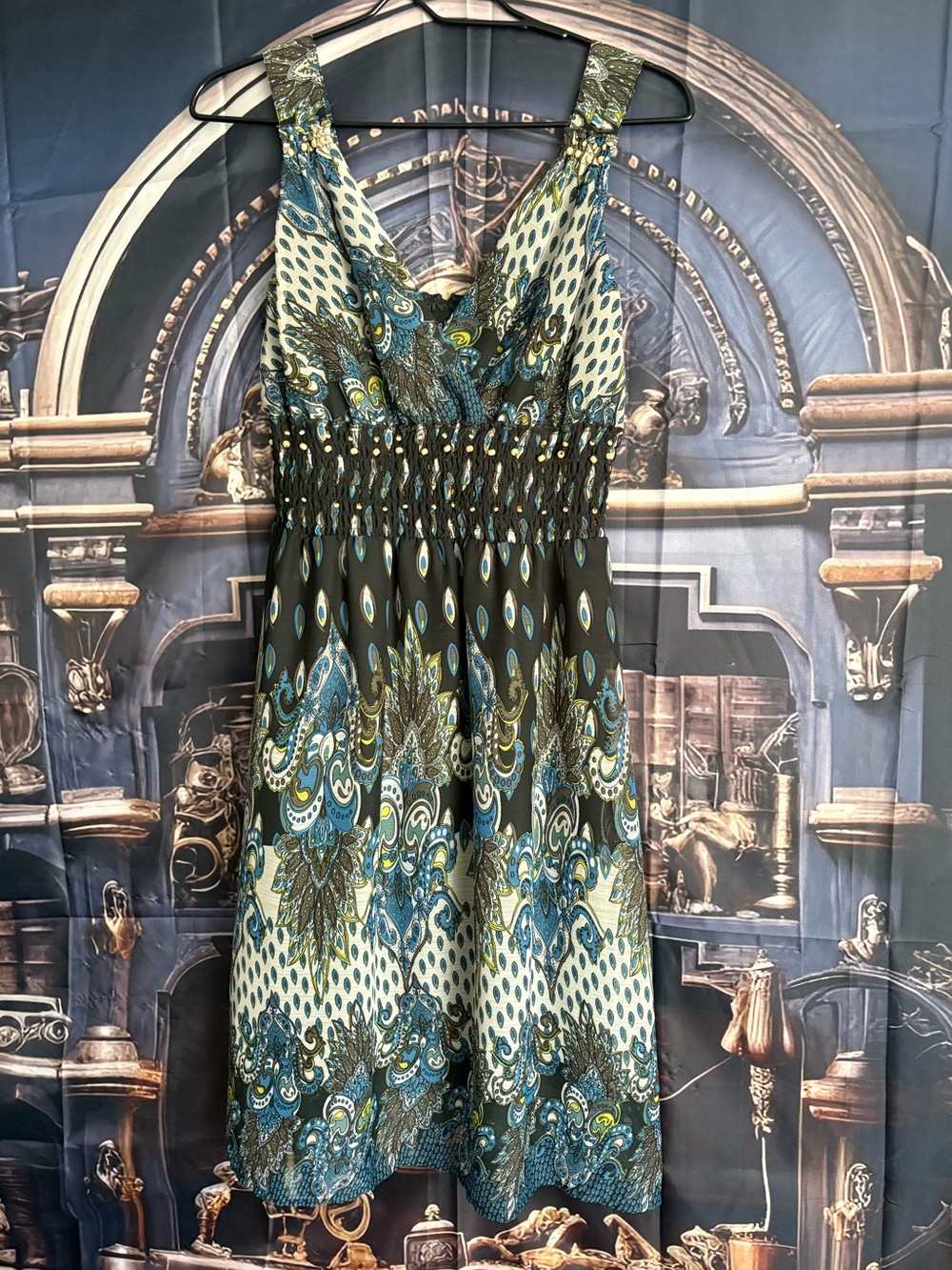 Boho Paisley Smocked Waist Sundress - Teal Green